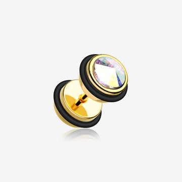 Golden Faceted Crystalline Faux Gauge Plug Earring-Aurora Borealis